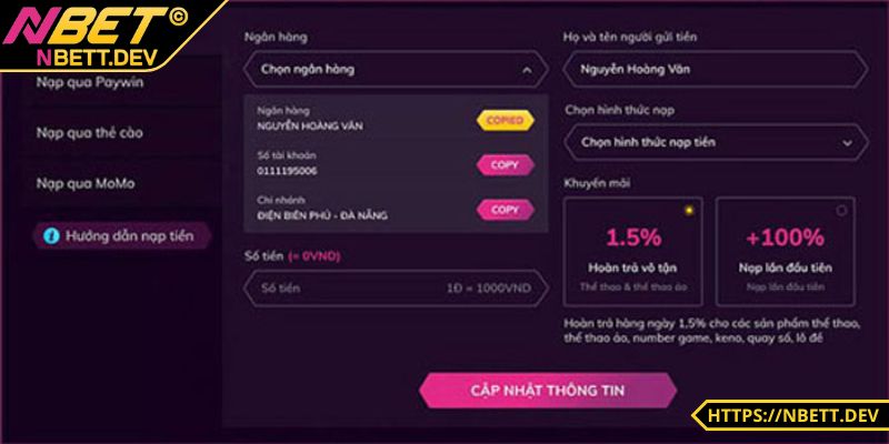Nạp Tiền NBET - Thao Tác Nâng Tầm Trải Nghiệm Cho Anh Em 8 Hoàn tất giao dịch và theo dõi số dư tài khoản cược